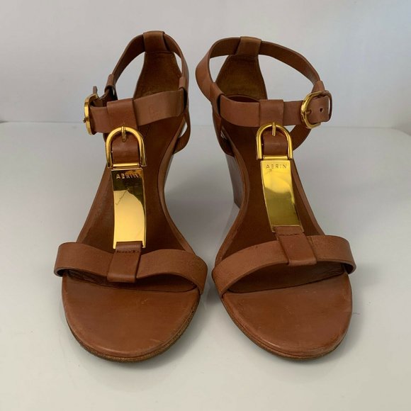 AERIN GEORGICA TAN LEATHER WEDGE SANDALS SIZE 8.5 - Picture 2 of 9